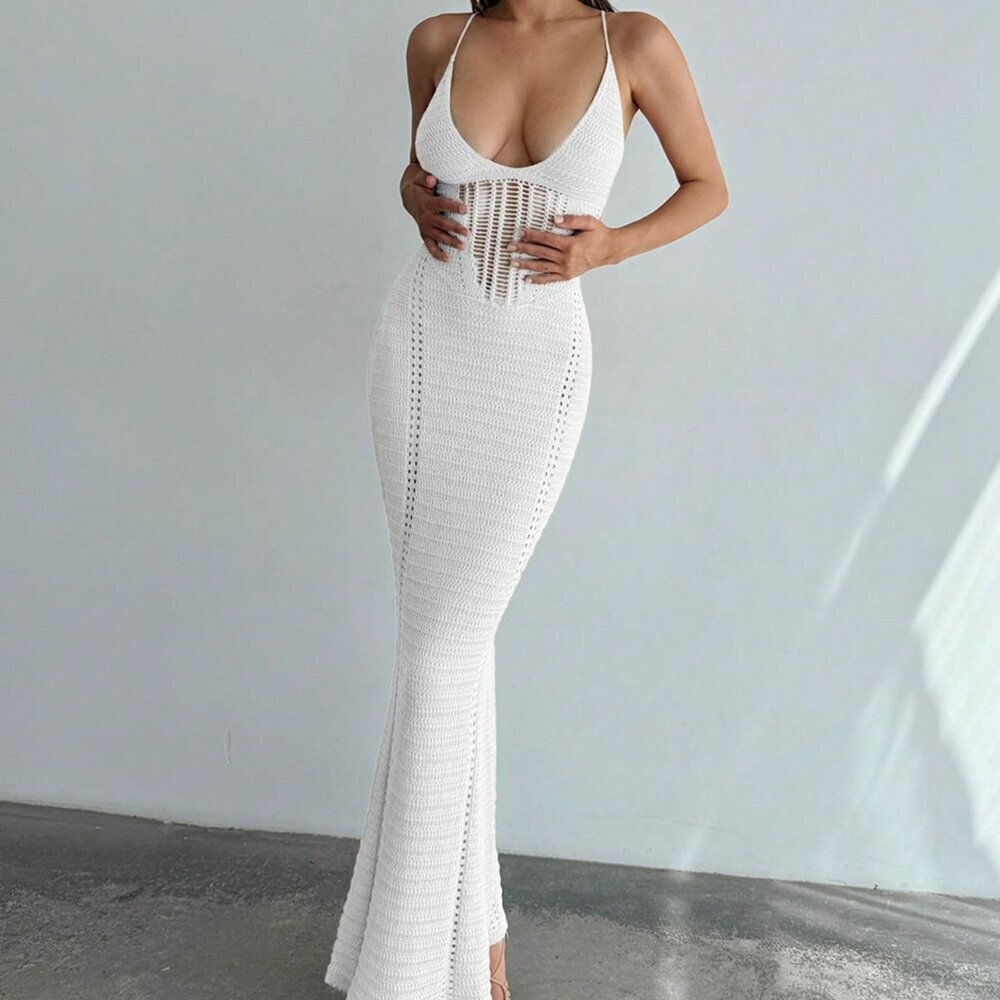 White Sexy Women's Elegant Deep V-Neck Hollow Out Spaghetti Strap Backless Slim - Picture 3 of 7